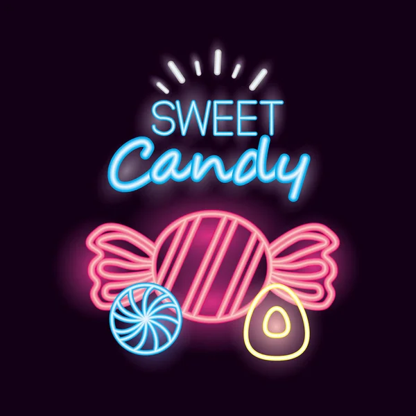 Słodkie Cukierki Pakowane Karmelki Znak Kulki Neon Ilustracja Wektorowa — Wektor stockowy