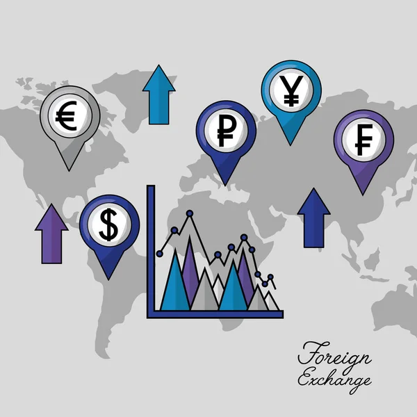 Mapa Divisas Flechas Fondo Subiendo Estadísticas Ubicación Icono Moneda Vector — Vector de stock