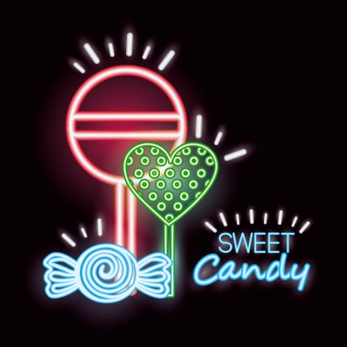 tatlı şeker karamel lolipop tatlar neon vektör çizim
