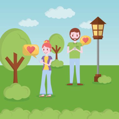Mobil aşk çift aşık vektör çizim sohbet Park