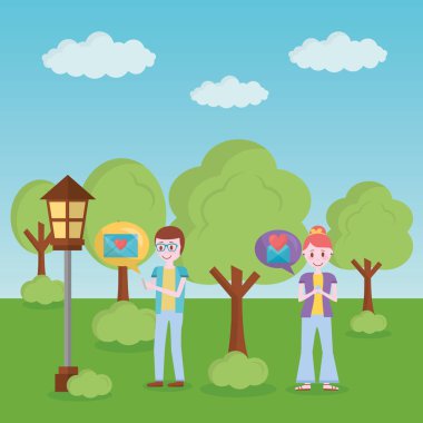 Mobil aşk çift kalpler Park vektör çizim sohbet