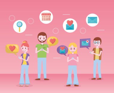 Mobil aşk insanlar romantik kalp vektör illustraiton sohbet