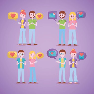 Mobil aşk sohbet severler mesaj kalpler romantik vektör çizim çiftler