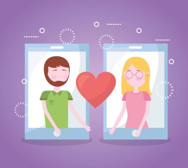 mobile love smartphone screen couple heart romantic vector illustration clipart