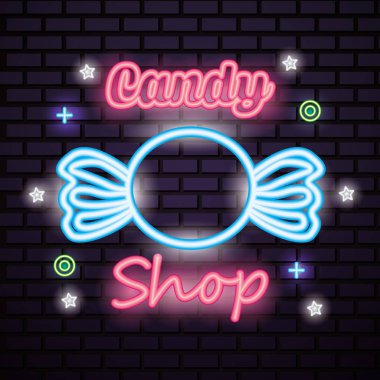 tatlı şeker karamel işareti sembolleri neon vektör çizim sarılmış