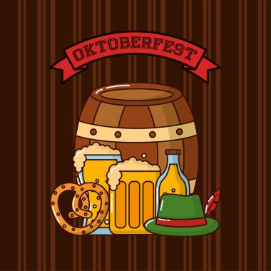 Oktoberfest varil kalp bretzel bira şapka şerit işareti vektör çizim
