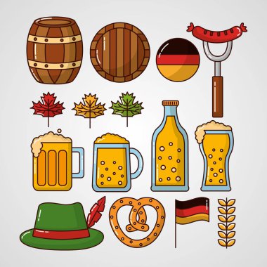 Oktoberfest bira bretzelhat Alman bayrağı varil yaprakları vektör çizim kalp