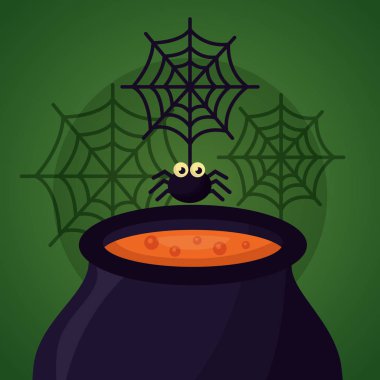 mutlu Cadılar Bayramı gün iksir kazan örümcek vektör çizim