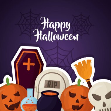 mutlu Cadılar Bayramı gün mezarları kabaklar iksir kazan ve kafatası vektör çizim süpürge
