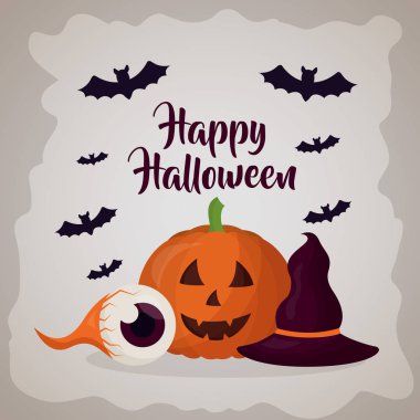 mutlu Cadılar Bayramı gün işareti yarasalar kabak cadı şapka ve göz illüstrasyon vektör