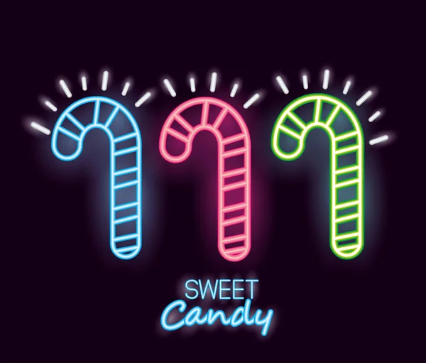 Laski Cukierki Słodkie Smaki Neon Znak Światła Wektor Ilustracja — Wektor stockowy