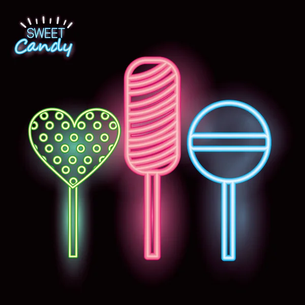 Sweet Candy Differents Lollipops Flavors Neon Vector Illustration — Stock Vector