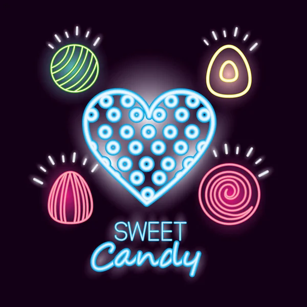 Bonbons Sucrés Coeur Amandes Boules Caramels Néon Vecteur Illustration — Image vectorielle