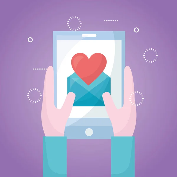 Mãos Amor Móveis Segurando Tela Smartphone Mensagem Coração Vetor Ilustração — Vetor de Stock