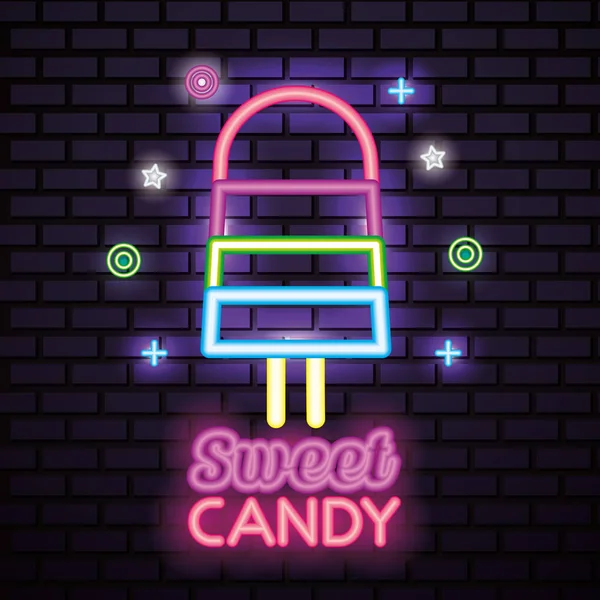 Sladké Cukroví Symboly Neon Stylu Lollipop Vektorové Ilustrace — Stockový vektor