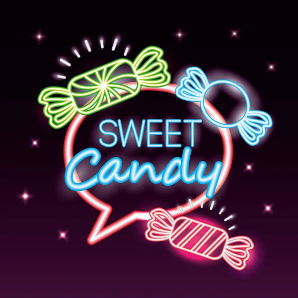Słodkie Cukierki Bubble Znak Karmelki Neon Styl Wektor Ilustracja — Wektor stockowy