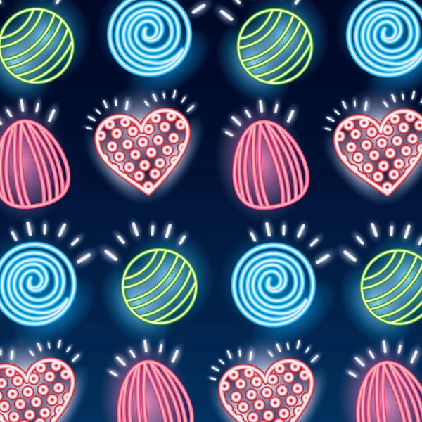 Sladké Cukroví Srdce Mandle Koule Karamel Neon Vektorové Ilustrace — Stockový vektor