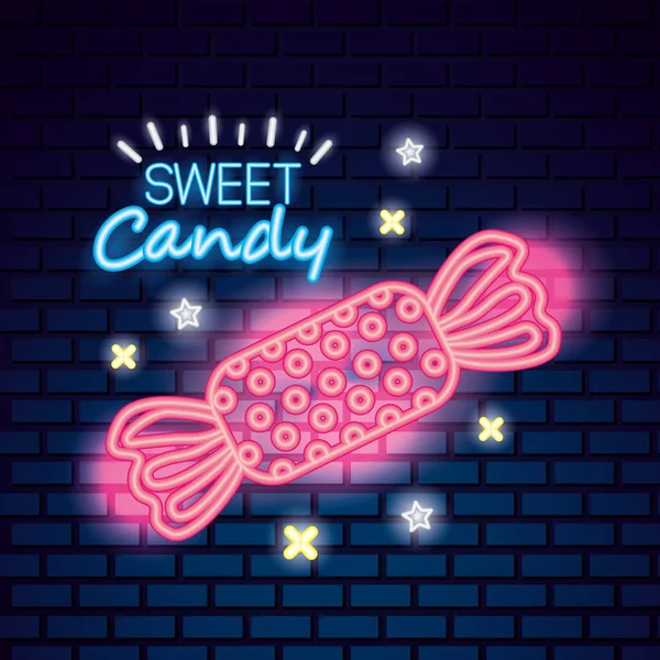 Sweet Candy Stars Sign Caramel Neon Style Vector Illustration — Stock Vector