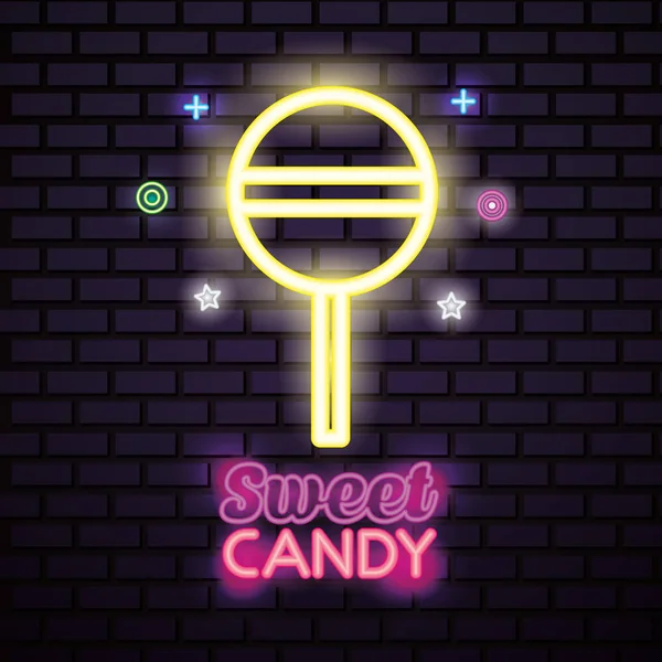 Sött Godis Neon Lollipop Tecken Symboler Vektor Illustration — Stock vektor