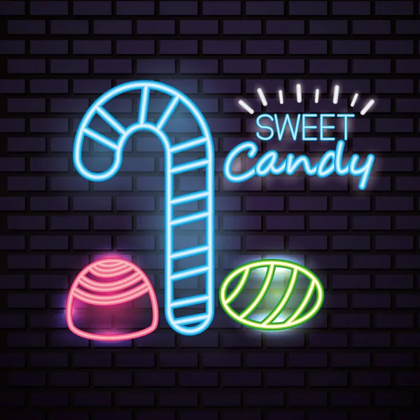 Sweet Candy Cane Stuffed Almond Flavor Neon Style Lights Vector — Stock Vector