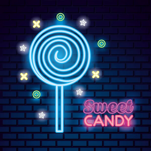 Söta Candy Lollipop Mint Symboler Logga Neon Stil Vektorillustration — Stock vektor