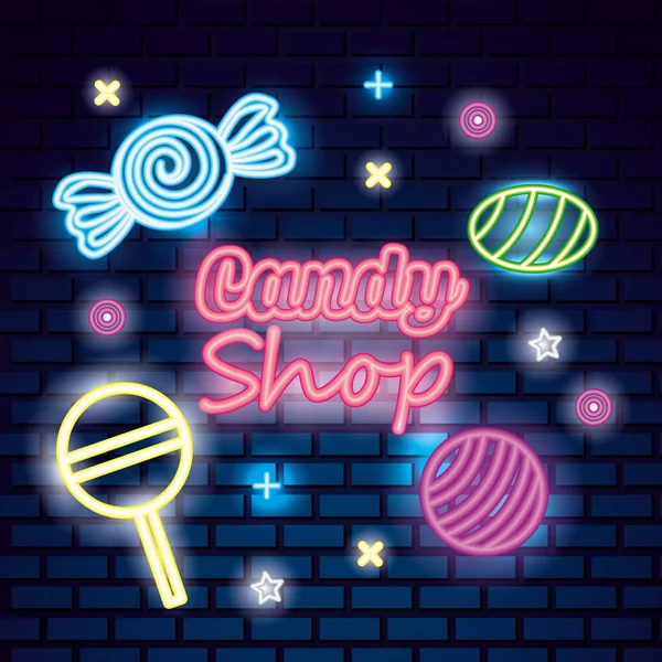 Süßigkeiten Zeichen Symbole Neon Karamellen Vektor Illustration — Stockvektor