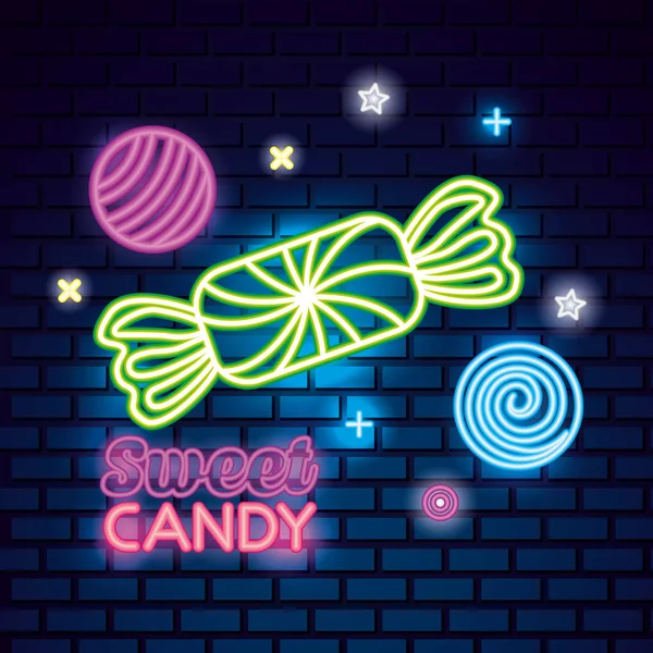 Bonbons Sucrés Enveloppé Caramel Boule Étoiles Néon Vecteur Illustration — Image vectorielle