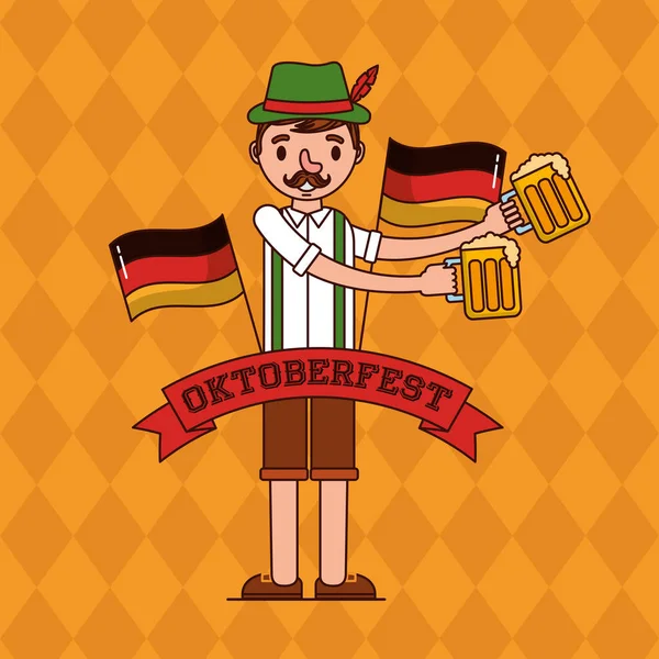 Oktoberfest Male Holding Beers Germany Flags Vector Illustration — Stock Vector