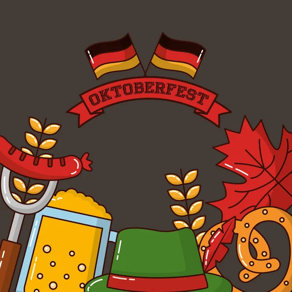 Oktoberfest Duitsland Vlaggen Bier Traditionele Hat Hart Bretzel Verlof Vectorillustratie — Stockvector