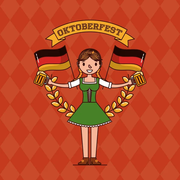 Oktoberfest Ribbon Sign Female Holding Germany Flags Vector Illustration — Stock Vector