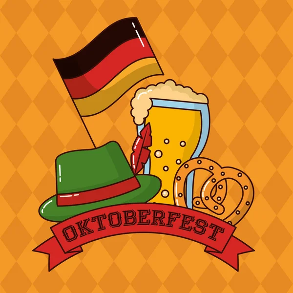 Oktoberfest Traditionele Hoed Bier Hart Bretzel Lint Vectorillustratie — Stockvector