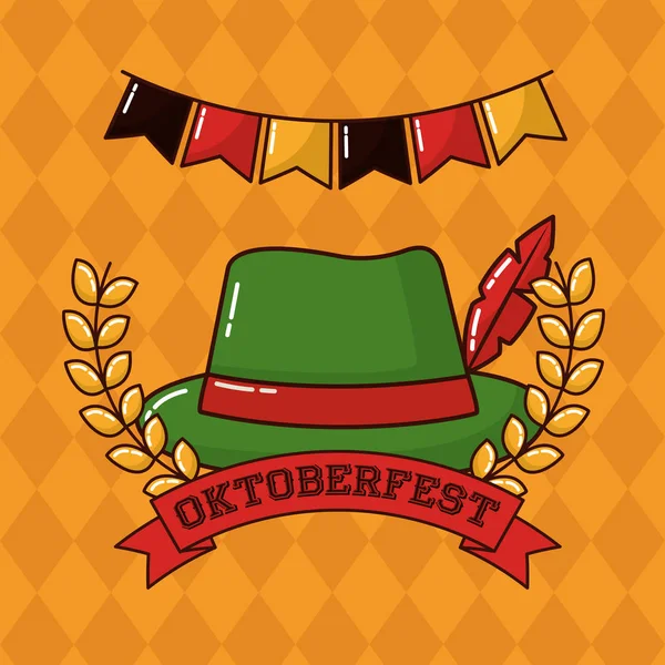 Oktoberfest Árbocok Levelek Hagyományos Kalap Vektoros Illusztráció — Stock Vector