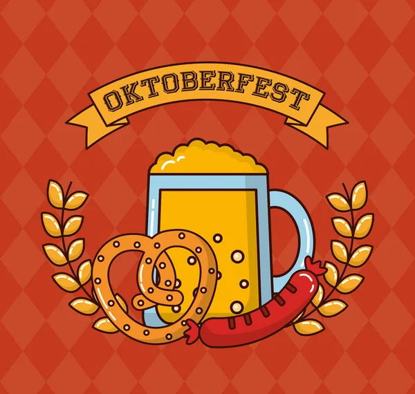 Oktoberfest Lint Teken Verlaat Hart Bretzel Bier Worst Vectorillustratie — Stockvector