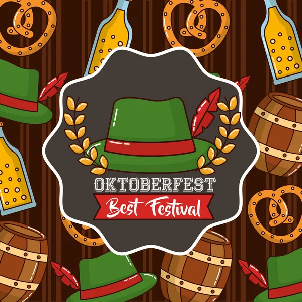 Oktoberfest Matrica Levelek Hagyományos Kalapot Hordó Háttér Vektor Illusztráció — Stock Vector