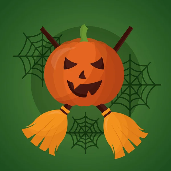 Happy Halloween Day Pumpkin Spiderwebs Brooms Vector Illustration — Stock vektor