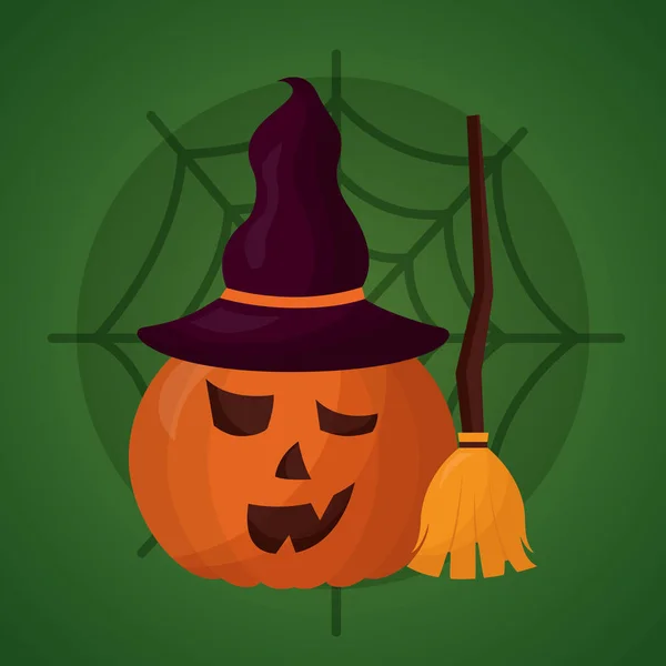 Happy Halloween Dag Pumpa Häxa Hatt Kvast Spiderweb Vektorillustration — Stock vektor
