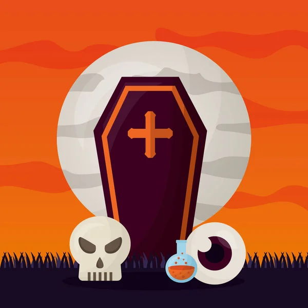 Glücklich Halloween Day Friedhof Grab Schädel Auge Trank Vektor Illustration — Stockvektor