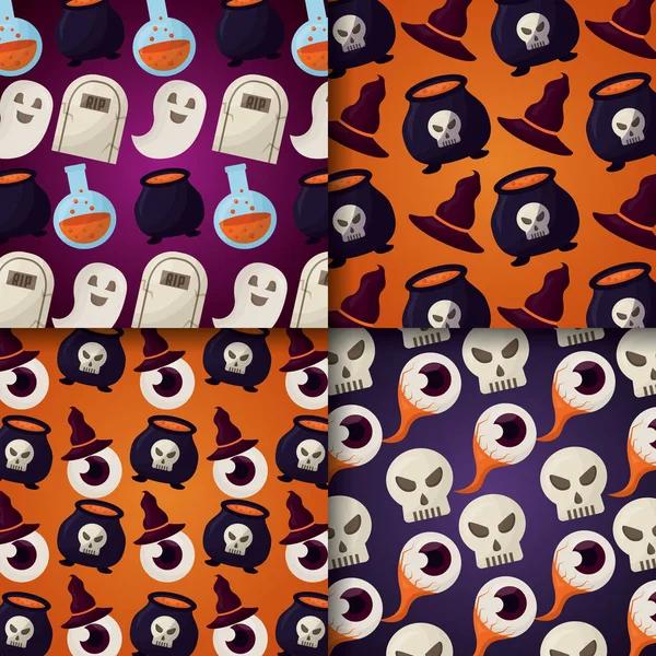 Feliz Día Halloween Banners Fantasmas Calderas Ojos Cráneos Espeluznante Vector — Vector de stock