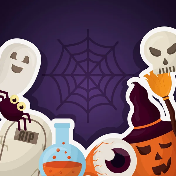 happy halloween day ghost skull potion spider tomb vector illustration