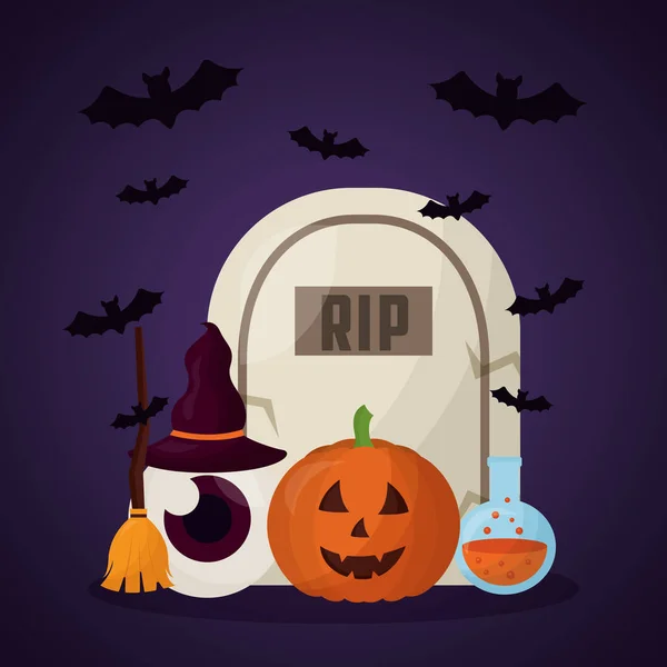 Šťastný Halloween Den Hrobka Rip Netopýři Dýňová Oko Čarodějnice Klobouk — Stockový vektor