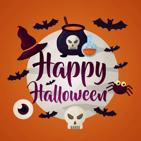 Felice Giorno Halloween Luna Segno Pipistrelli Cranio Occhio Ragno Pozione — Vettoriale Stock