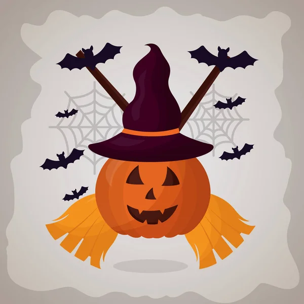 Feliz Dia Halloween Vassouras Abóbora Morcegos Vetor Ilustração — Vetor de Stock