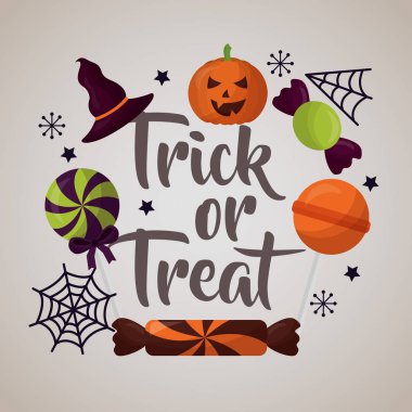 mutlu Cadılar Bayramı kutlama günü şeker ya da numara candys lolipop kabak vektör çizim