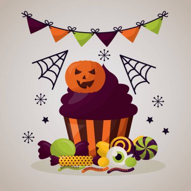 mutlu Cadılar Bayramı kutlama günü flamalar kek vektör çizim spiderweb