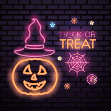 mutlu Cadılar Bayramı kutlama cadı şapka kabak neon spiderweb şeker vektör çizim ile