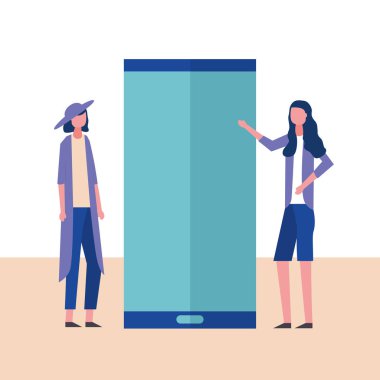 iş kızlar sunan akıllı telefon vektör çizim işaret etti.