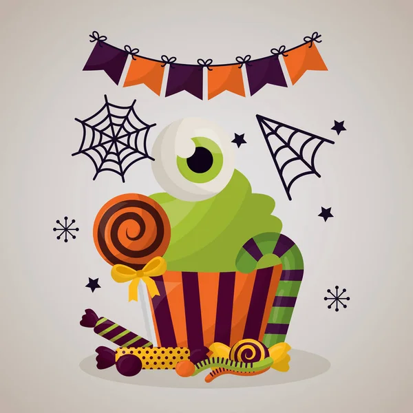 Happy Halloween Firandet Dag Vimplar Candys Väska Spiderweb Vektorillustration — Stock vektor