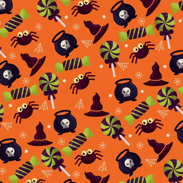 Glad Halloween Firandet Dag Candys Pannor Spindlar Vektor Illustration — Stock vektor