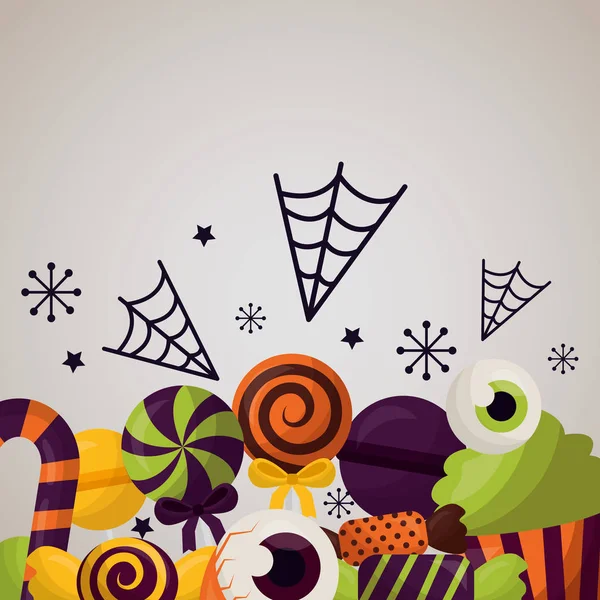Mutlu Cadılar Bayramı Kutlama Gün Spiderweb Candys Tatlı Vektör Çizim — Stok Vektör
