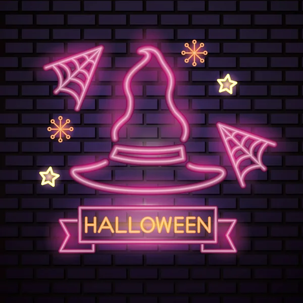 Heureux Halloween Célébration Chapeau Sorcière Étoiles Néon Toile Araignée Vecteur — Image vectorielle